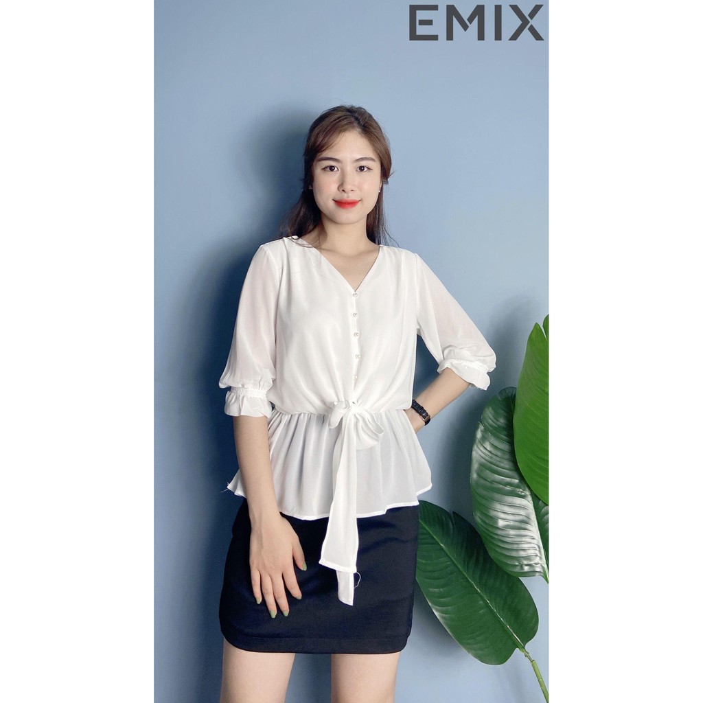Áo sơ mi công sở thắt nơ eo EMIX (màu dáng), dáng dài, tay bèo, cổ V, vải lụa dư mềm đẹp, co giãn, không nhăn