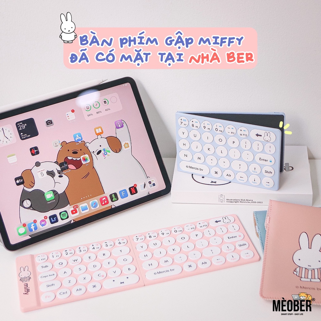 Bàn phím gập Bluetooth Cute Miffy, siêu mỏng 3,5mm, phím silent dành cho máy tính bảng, iPad, iPhone, Laptop v.v