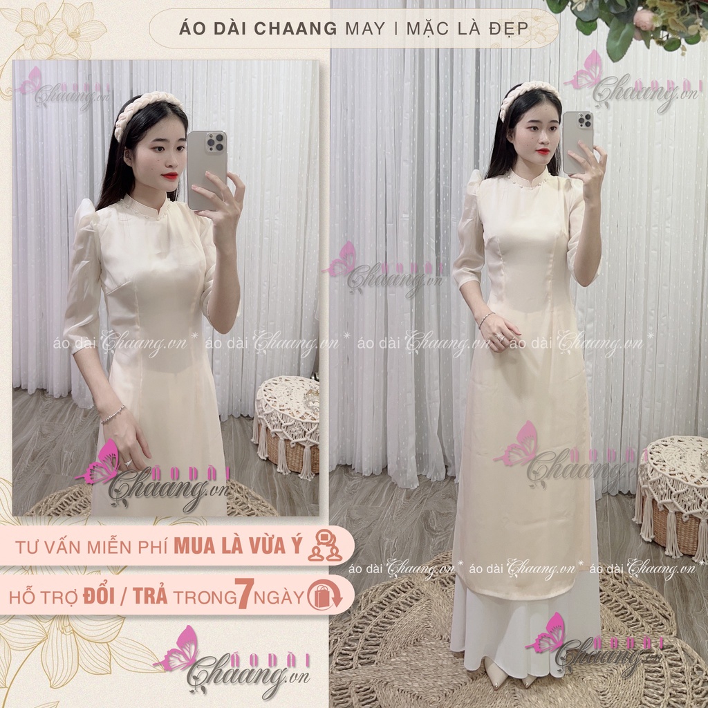 Áo Dài Cách Tân Nữ 4 Tà Tơ Da Tay Bồng Đính Ngọc Lụa Xước Đẹp Chaang013
