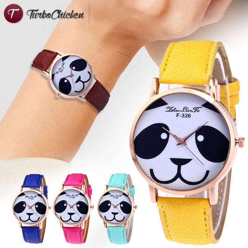 #Đồng hồ đeo tay# Quartz Watch PU Leather Band Cute Cartoon Panda Printing Round Dial Watches Cute Gifts for Girls