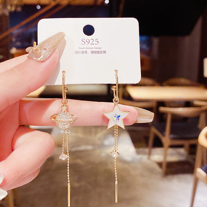 Bông Tai Tua Rua Dáng Dài Bằng Bạc 925 Hình Mặt Trăng Ngôi Sao Phong Cách Hàn Quốc Thời Trang Cho Nữ