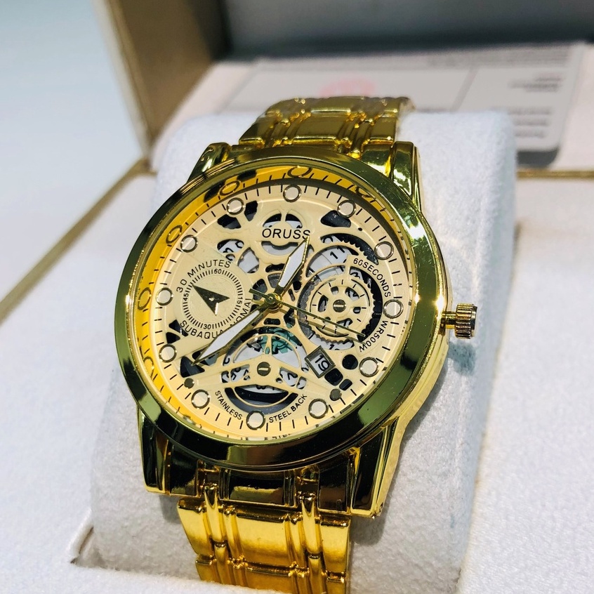 Đồng hồ nam automatic dây kim loại cao cấp màu vàng thời trang lịch chống nước