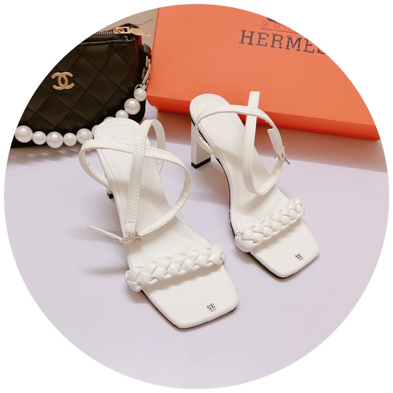 Giày sandal cao gót quai tết nhỏ gót dẹt 9p da lì mềm