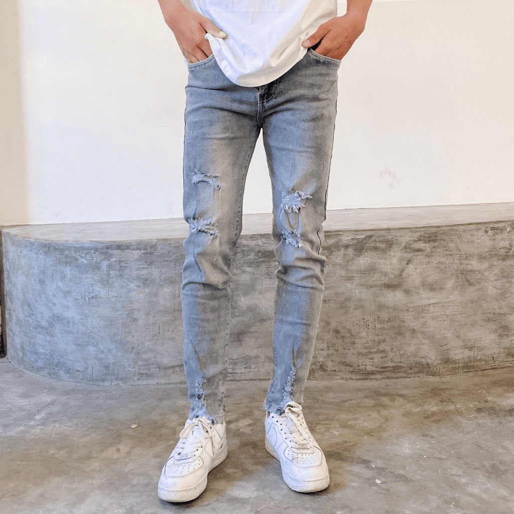 Quần jean nam rách gối gấu co giãn tốt màu xanh đậm Pon.mens