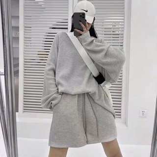 Set bộ nỉ len tặm ghi 2021 - Set bộ đồ nam nữ chất nỉ form rộng dáng suông áo weater mix quần sooc cạp chun C427