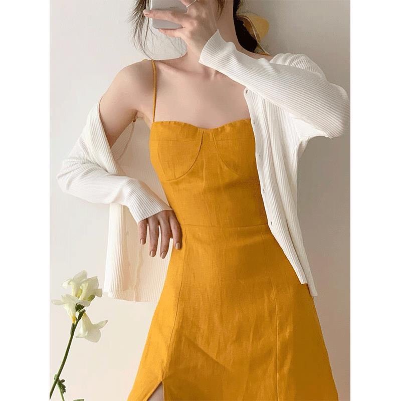 Đầm Vàng Thời Trang 2 Dây Mỏng ReTro