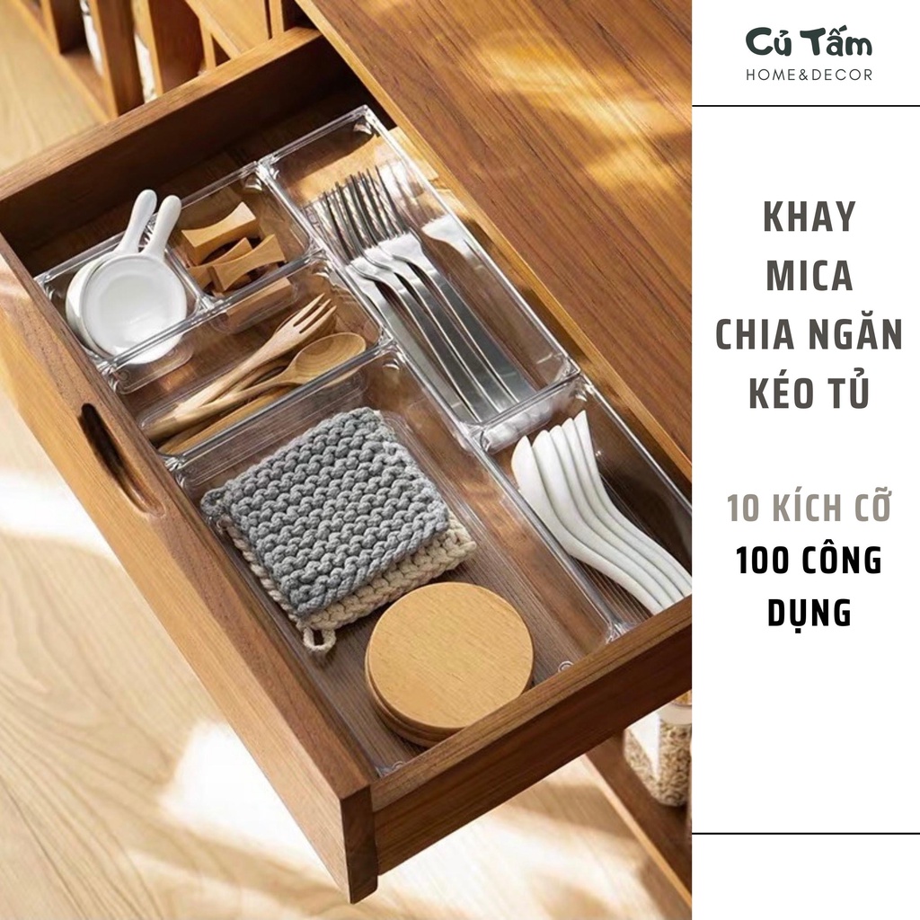 Bộ Khay Chia Ngăn Kéo Tủ Nhiều Size, Khay mica đựng đồ dùng chia ngăn trong suốt tiện dụng - cutam.homedecor
