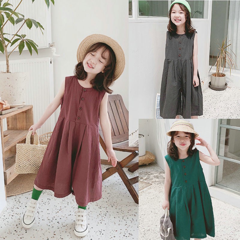 Jumpsuit hè bé gái Bộ áo liền quần trơn kiểu Hàn Quốc