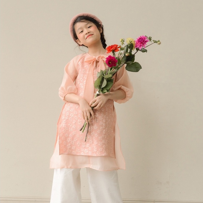 Set áo dài gấm organza hai tà-2 màu (tặng kèm mấn)