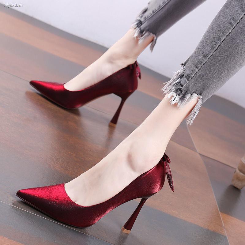 Giày cao gót mũi nhọn chất satin dễ phối đồ thời trang mùa thu 2020 cho nữ