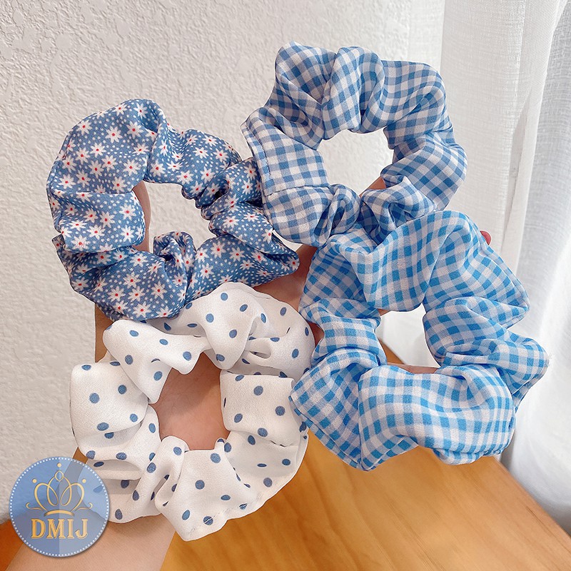 Cột Tóc Vải Scrunchies Họa Tiết Xanh Thiên Thanh, Dây Buộc Tóc Scrunchies Mới