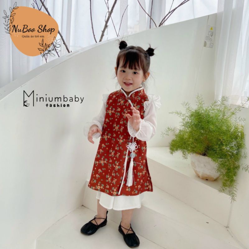 Áo dài Tết hoa nhí cho bé gái, Áo dài cách tân cánh tiên kèm khánh ngọc cho bé 10-23kg