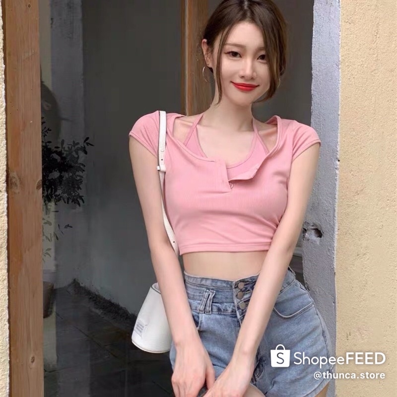 Áo croptop body giả yếm tay ngắn, áo kiểu nữ cổ yếm 2 lớp Thuncastore A263