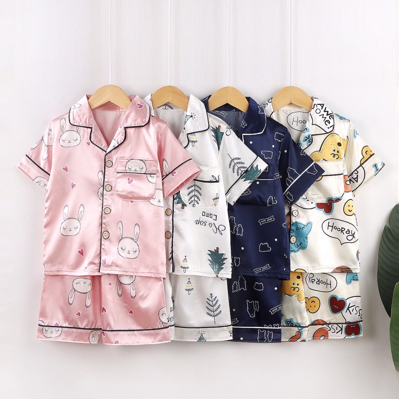 Đồ ngủ ngắn tay, bộ pijama cho bé trai bé gái từ 15-45kg, hàng Quảng Châu cao cấp vải lụa bóng mềm mịn