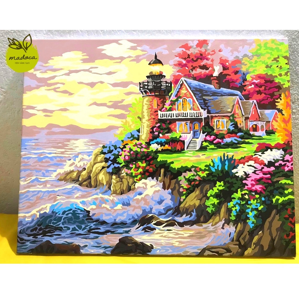 Tranh tô màu số hóa Madoca có khung 40x50cm Tranh vẽ nhà biển T36