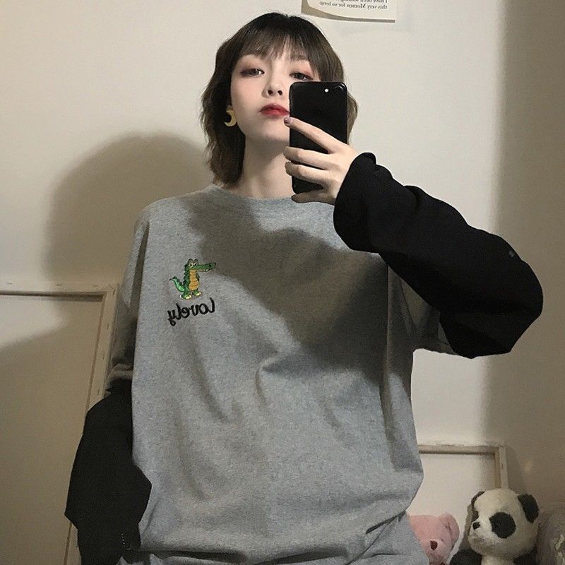 Áo Hoodie Nữ Tay Dài Giả Hai Lớp Dáng Rộng Phong Cách Hàn Quốc