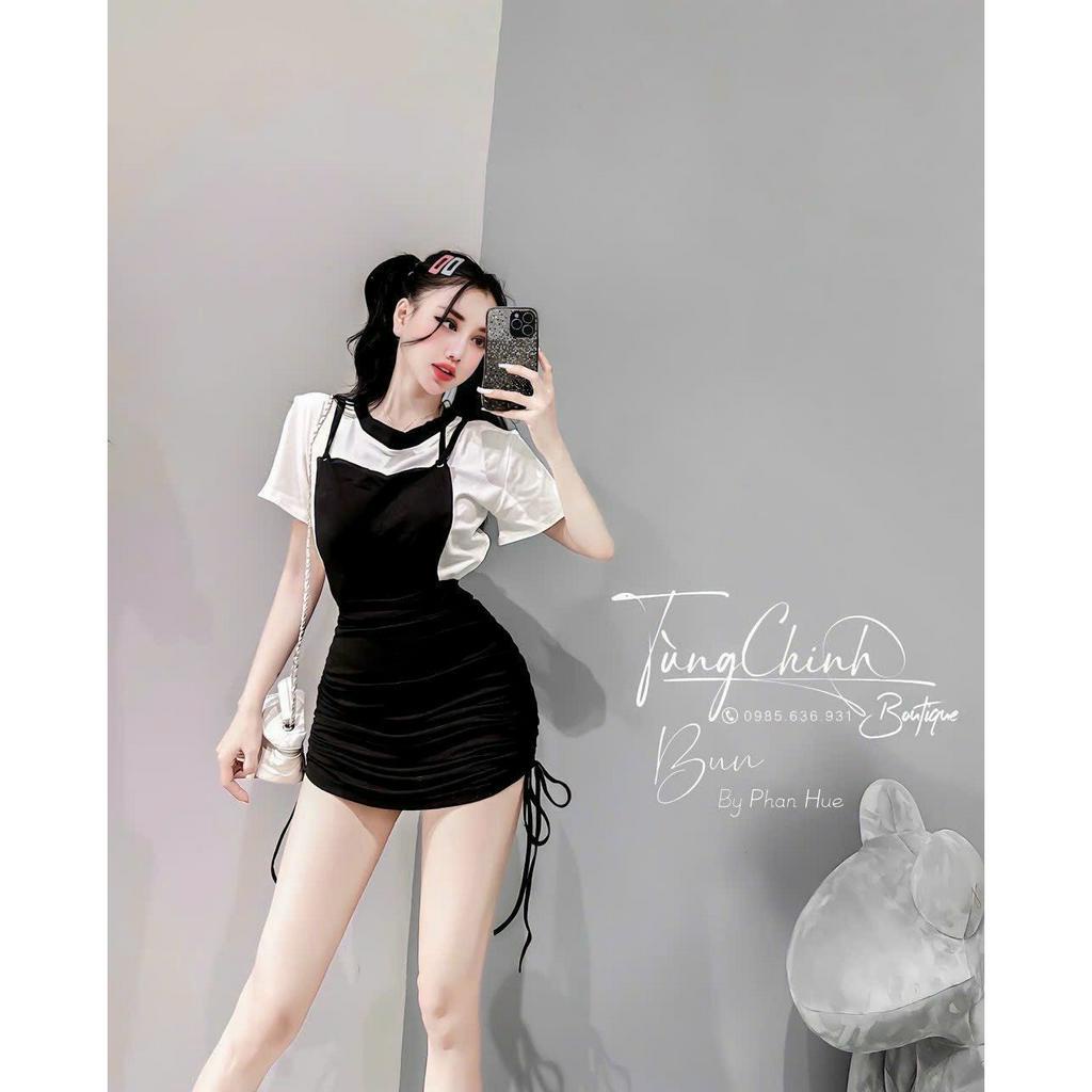 Set đồ nữ đi chơi dễ thương, set yếm ngắn sexy kèm áo thun cổ tròn xinh xắn phong cách hàn quốc cute