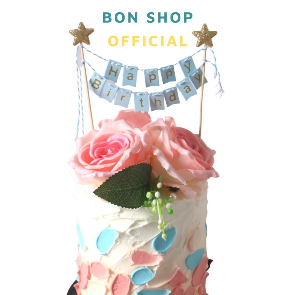 Cổng dây cờ chữ HAPPY BIRTHDAY ép kim đính Ngôi Sao nhũ trang trí bánh kem sinh nhật