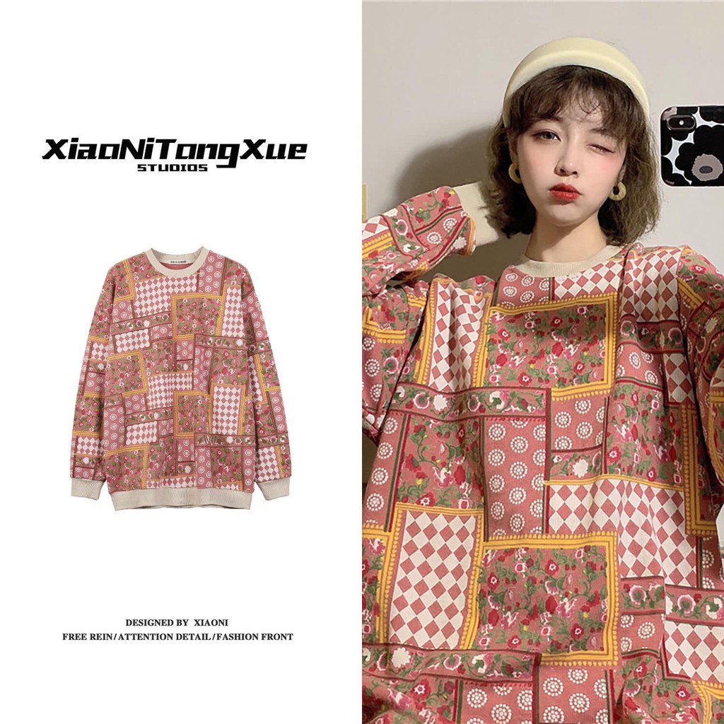 Áo Nỉ Sweater Kiểu Retro Vintage Họa Tiết Cá Tính, Lót Lông Dày Dặn