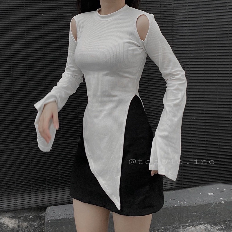 Áo croptop nữ dài tay vạt chéo, áo kiểu nữ Hàn Quốc khoét vai ôm body sexy, quyến rũ vạt nhọn xẻ tà siêu AO012