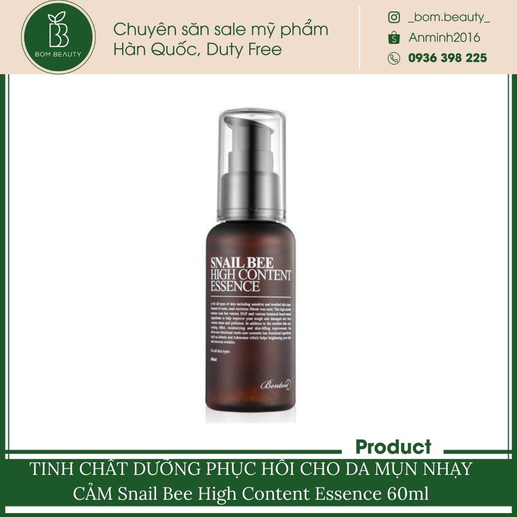 Serum phục hồi cho da mụn nhạy cảm Benton Snail Bee High Content Essence 60ml