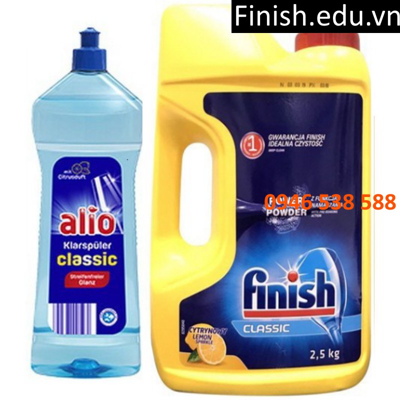 Combo Bột rửa bát Finish 2.5kg +1 Lit Nước làm bóng alio  dùng cho máy rửa bát chén