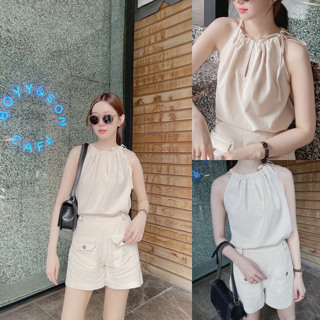 SLYQ MONACO BOW TOP & GIÀY LINEN SET Áo sơ mi và vải Cotton