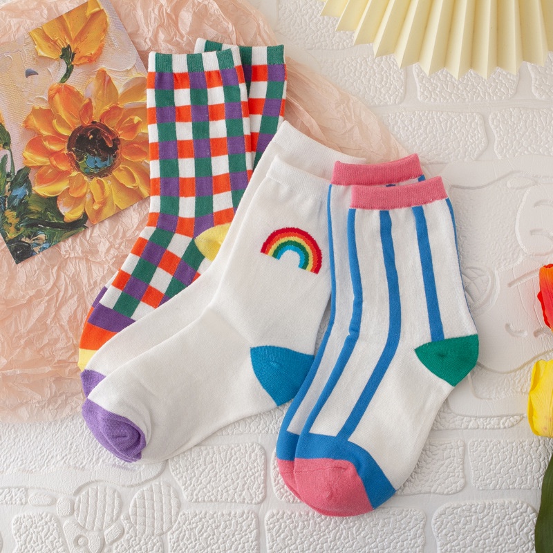 WAFNHA D308 Vớ cotton Cổ Trung Màu Cầu Vồng Phong Cách Hàn Quốc Thời Trang Cho Nữ