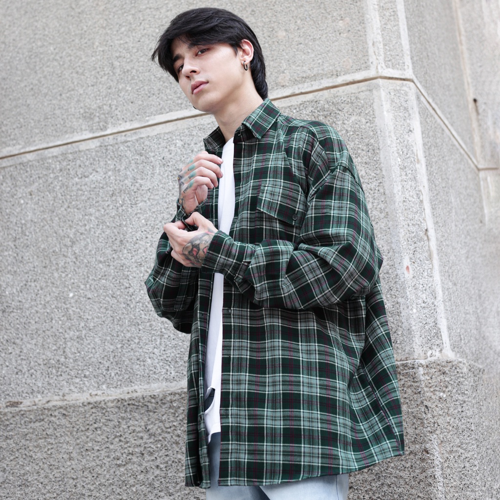 Áo Sơ Mi Flannel Màu Xanh Sọc Tím Form Rộng Thoải Mái Chất Liệu Cotton Thoáng Mát
