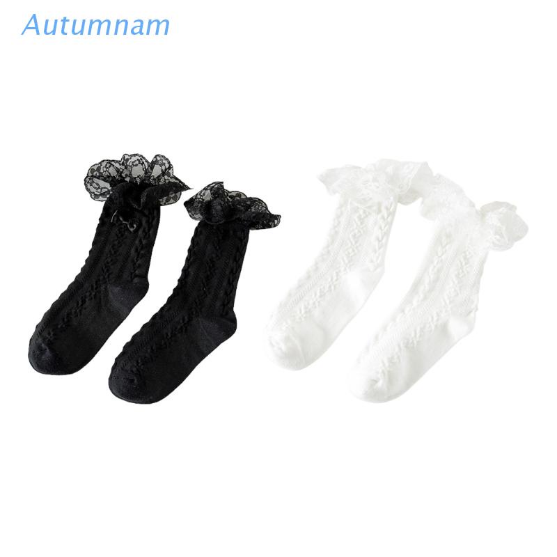 Tất cotton ngắn qua cổ chân phối ren nơ dệt kim trái tim màu trơn kiểu Lolita mùa hè