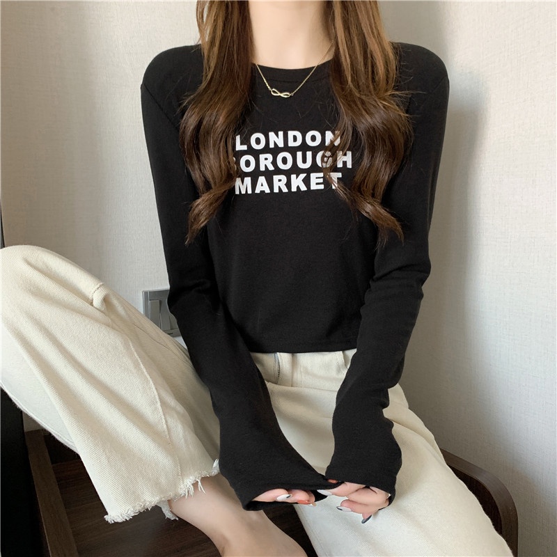 SUXI Áo Thun Tay Dài Cổ Tròn Màu Sắc Trơn In Chữ Phong Cách Hàn Quốc Dành Cho Nữ