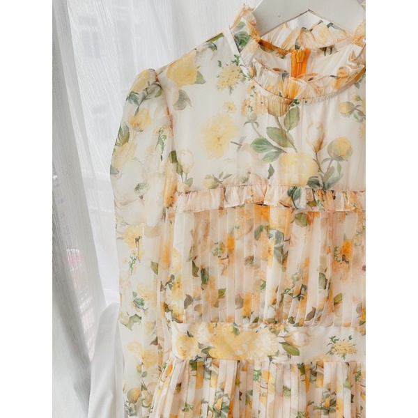 Đầm hoa tiểu thư xếp ly thắt eo Lolita màu vàng sang trọng lịch sự - LINN DESIGN
