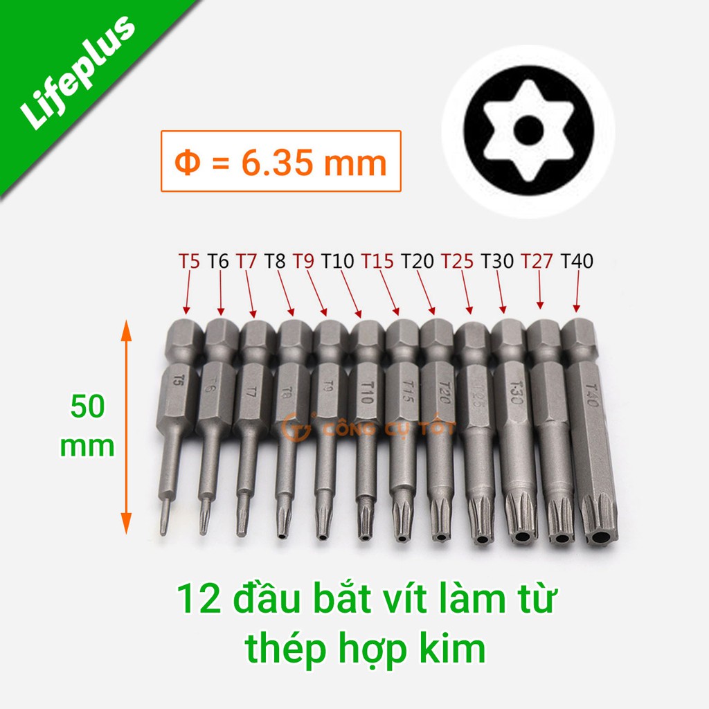Bộ 12 đầu bắt vít hình sao chuôi lục 50 mm T5 - T40