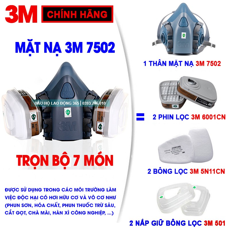 [CHÍNH HÃNG] Mặt Nạ Phòng Độc 3M 7502 Đầy Đủ 7 Món + Phin Lọc 3M 6001CN + Bông Lọc 3M 5N11CN + Nắp Giữ Bông Lọc 3M 501.