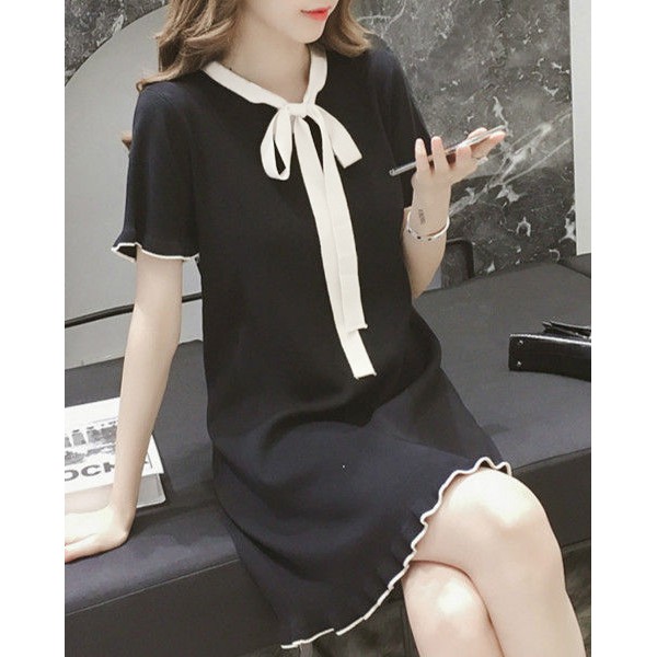 Đầm suông đen nơ trắng thun co giản