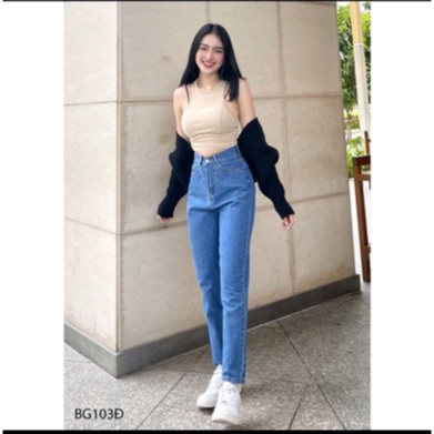Quần baggy jeans trơn cạp cao màu xanh đậm chất vải bò dày đẹp cho nữ