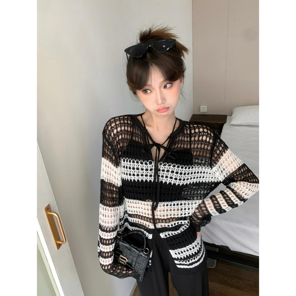 Áo Dệt Kim Tay Dài Dáng Rộng Họa Tiết Kẻ Sọc Thời Trang Cho Nữ