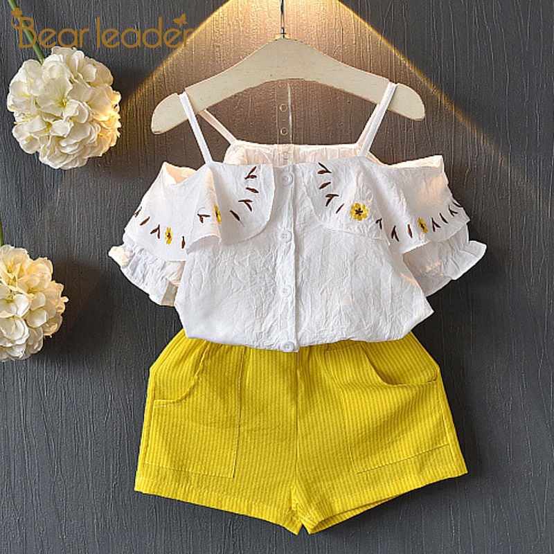 Children Set 2021 New Girl Clothing Suit Embroidery Off-the-shoulder Children's Clothes Set Floral Top + Short 3-7Y