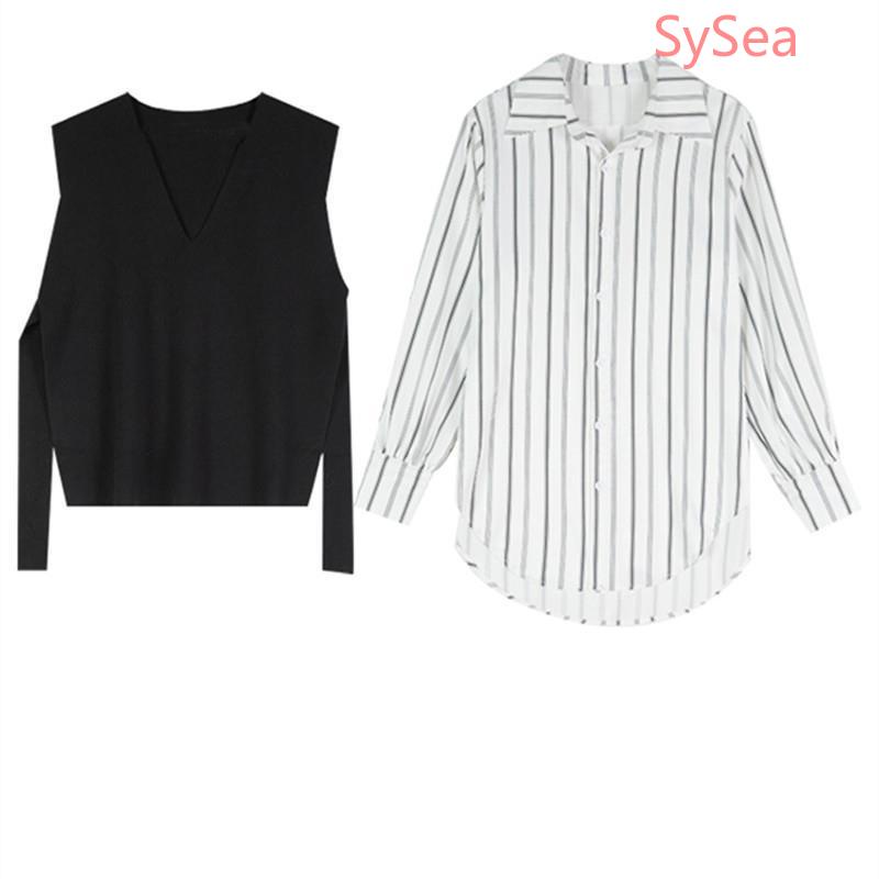 Set áo sơ mi cổ bẻ kẻ sọc dọc + áo len không tay phong cách Hàn Quốc cho nữ