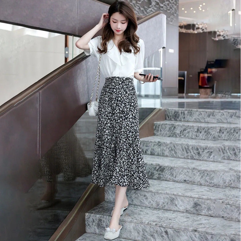 Set Áo Sơ Mi Chiffon Cổ V Kèm Chân Váy Dài Họa Tiết Hoa Thời Trang Hàn Quốc Cho Nữ