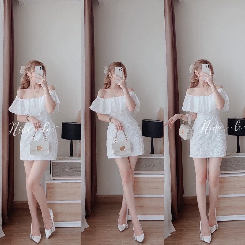 Váy Trễ Vai Trắng Gấm Tơ Hàng 2 Lớp Có Lót Quần