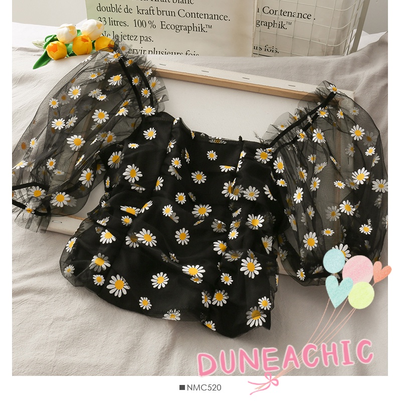 DUNEA Áo Croptop Tay Lưới In Họa Tiết Hoa Cúc Xinh Xắn Cho Bé Gái