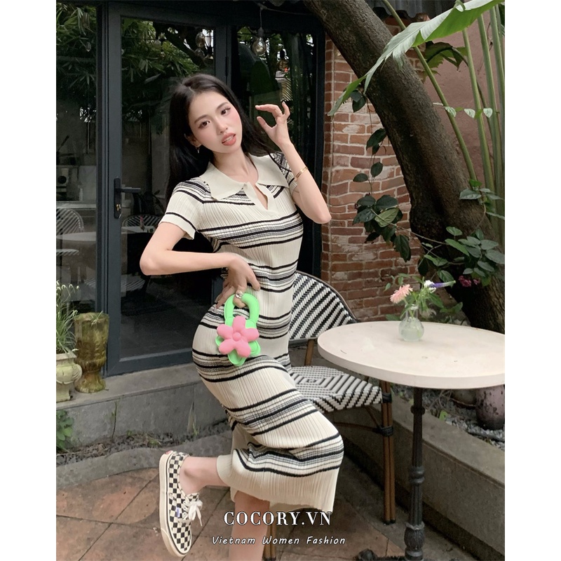 Cocory vn Đầm Dài Tay Ngắn Cổ POLO Họa Tiết Kẻ Sọc Thời Trang Dành Cho Nữ