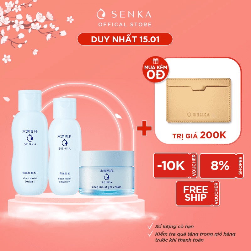 Combo Nước cân bằng, Sữa dưỡng cấp ẩm &amp; Mặt nạ ngủ dưỡng ẩm chuyên sâu Senka Deep Moist (200ml + 150ml + 50g)