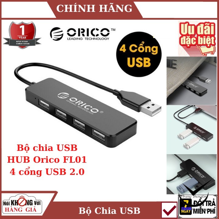 Bộ chia cổng USB , Hub USB ORICO 4 Cổng FL01-BK-BP - FL01-WH-BP , Bảo hành chính hãng , 1 đổi 1 trong 7 ngày