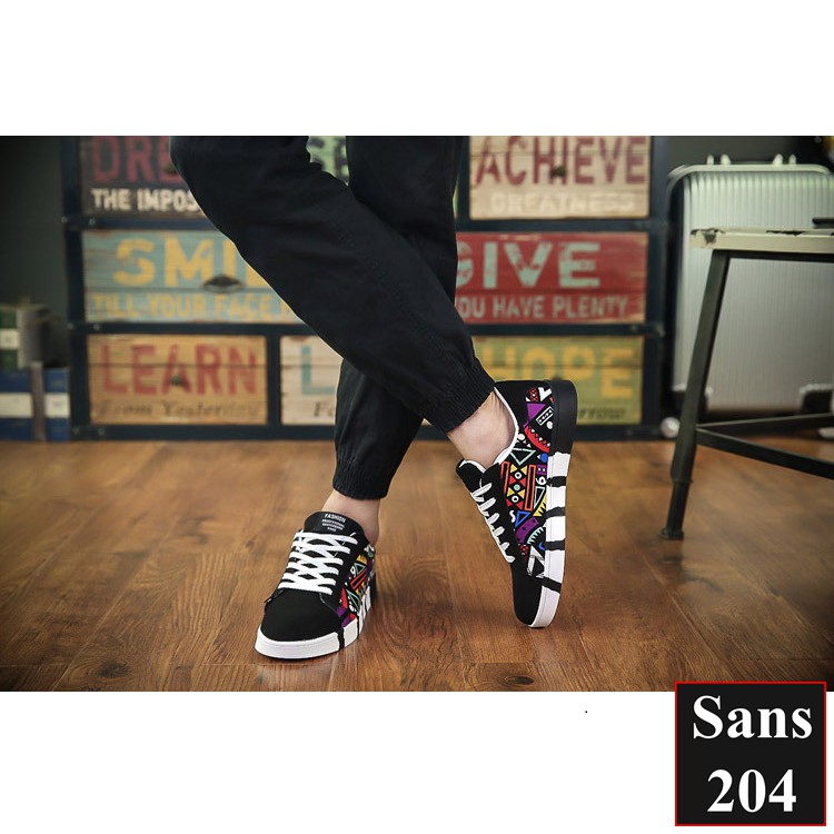 Giày sneaker nam thể thao Sans204 màu đen xanh họa tiết