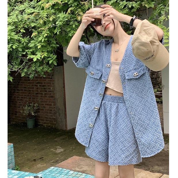 Set Áo Sơ Mi Denim Ngắn Tay + Quần Short Jeans Lưng Cao Ống Rộng Thời Trang Cho Nữ