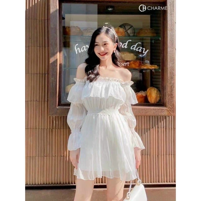 [FREESHIP] [Hình thật] Đầm bẹt vai nhúng bèo tay phôngf vải tơ xước ánh nhũ ba màu bo eo có lót trong xịn xò chuẩn form