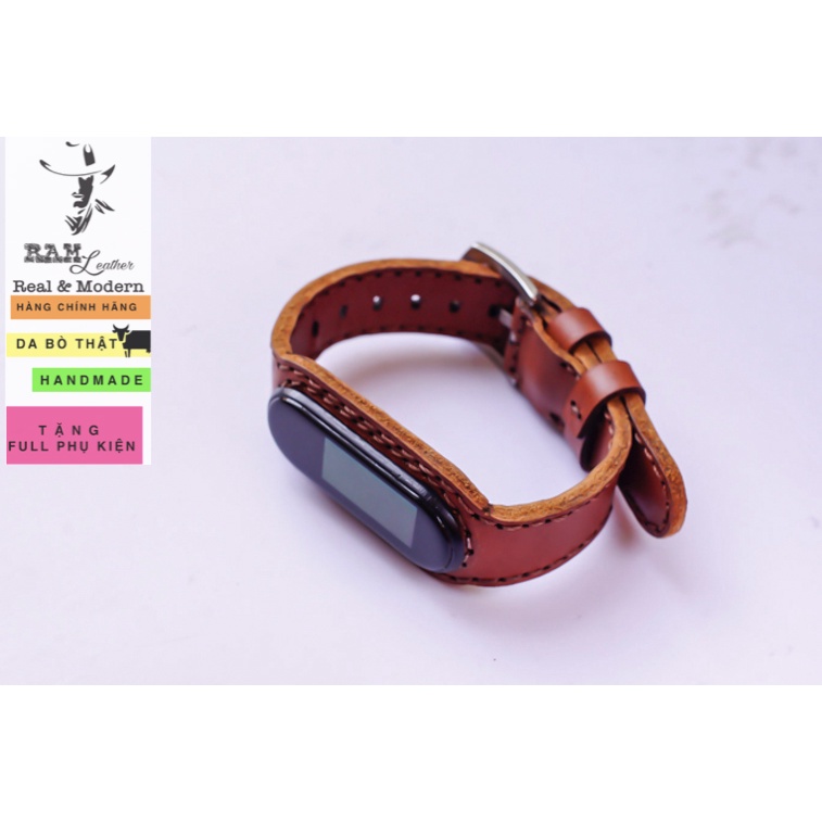 Dây miband da bò thật cao cấp cho miband 3 , miband 4 , miband 5, miband 6 da bò nâu đỏ - RAM Leather