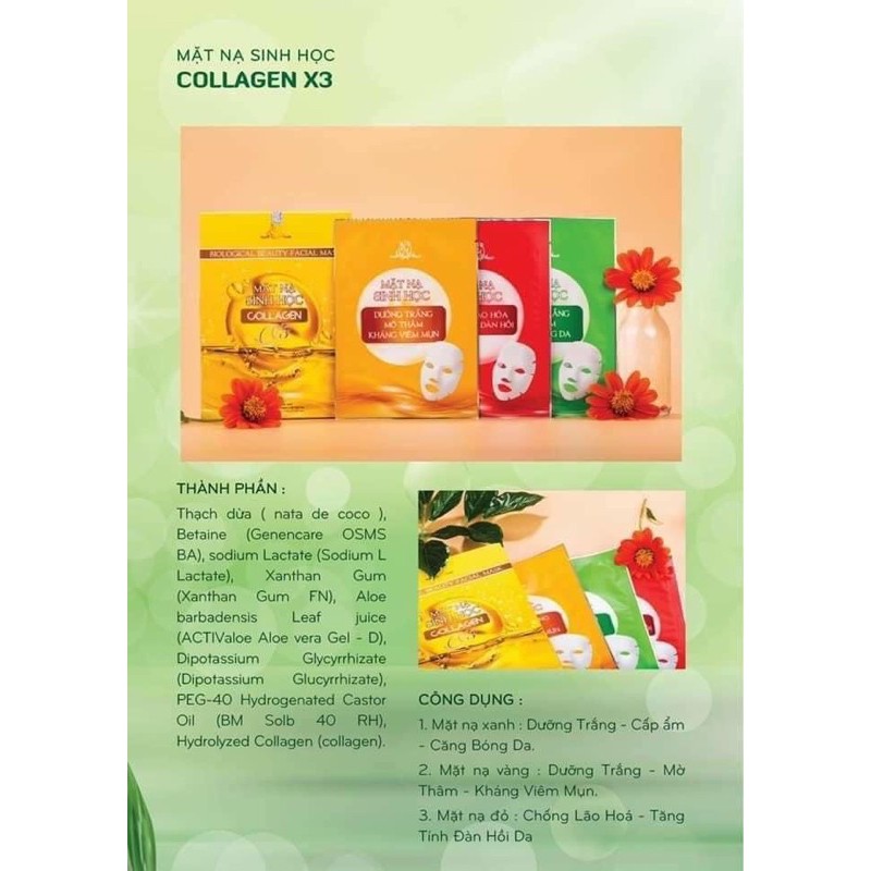 MẶT NẠ SINH HỌC COLLAGEN X3 HỘP 5 NẠ GỒM 2 XANH, 2 VÀNG, 1 ĐỎ